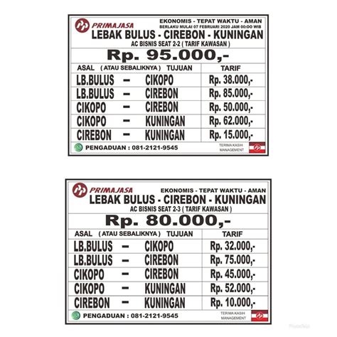 Harga Tiket Primajasa Tasik Lebak Bulus