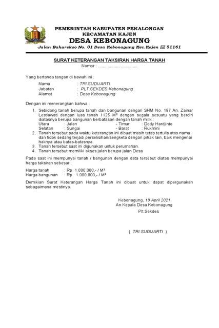 Contoh Taksiran Harga Tanah dari Kelurahan